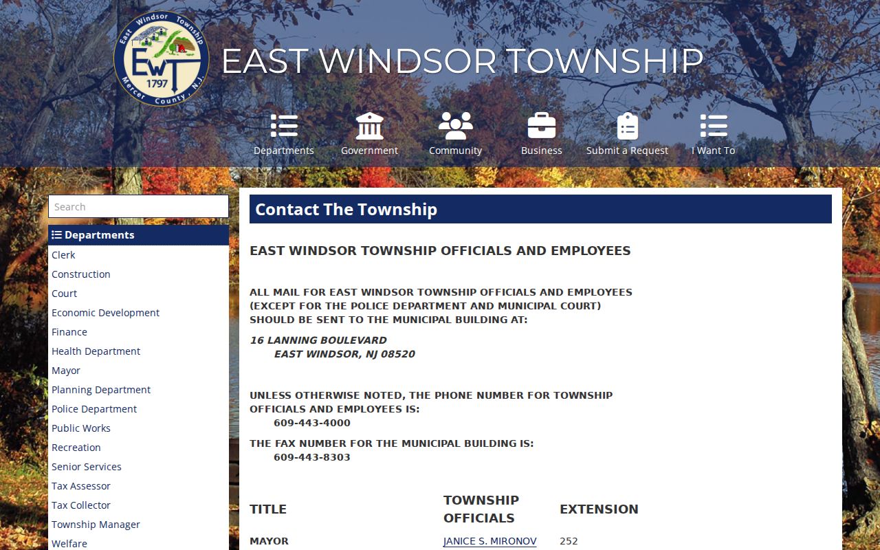 East Windsor ZIP code directory township department and municipal contact information
